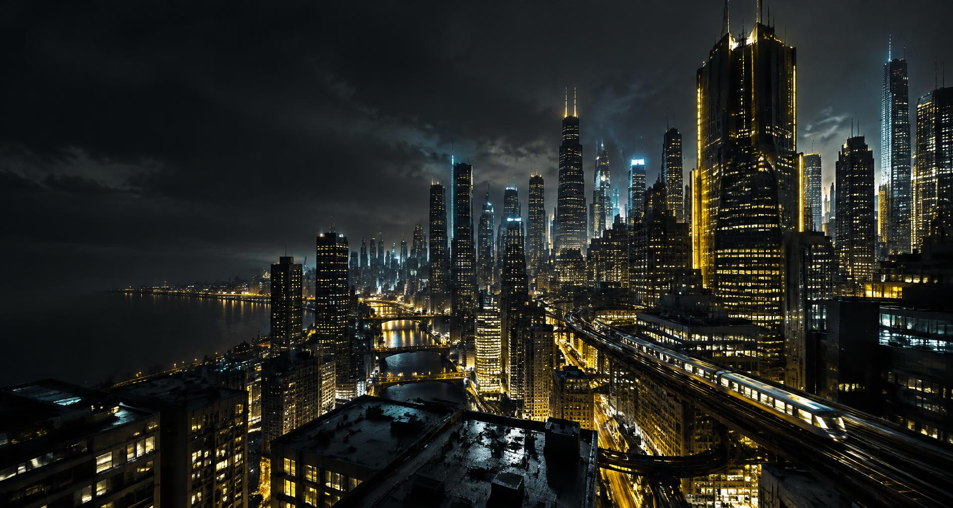 A futuristic city illuminated by electric yellow and cyan lights